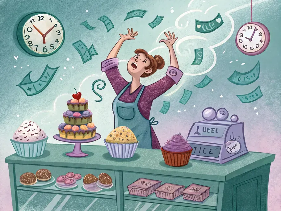 A whimsical bakery owner juggling colorful cupcakes, bills, and clocks, symbolizing the chaos of managing notes receivable.