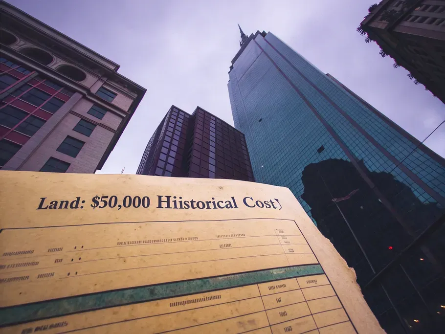 Contrast between a faded balance sheet showing land at $50,000 and a modern glass skyscraper reflecting it.
