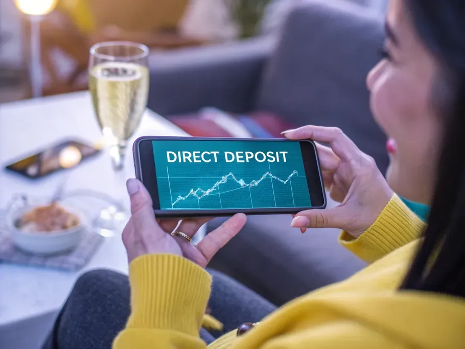 Close-up of hands holding a smartphone displaying a direct deposit notification, symbolizing financial success.