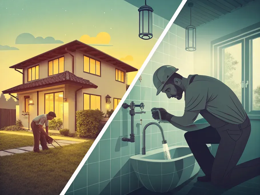 A split-screen image of a rental property showing repairs and improvements, with a handyman fixing a faucet on one side and an upgraded bathroom on the other.