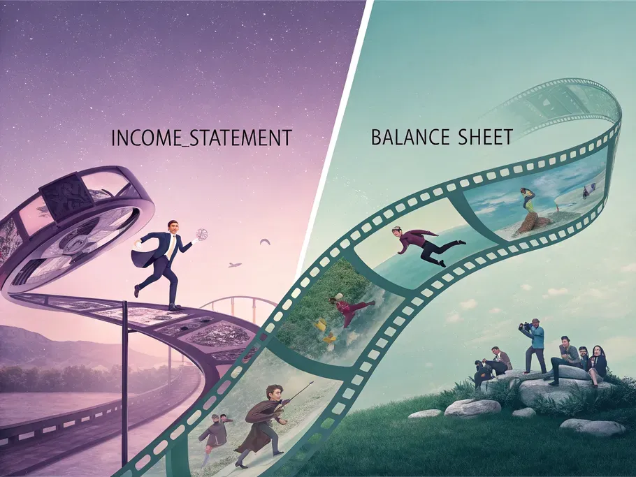 A dynamic split image depicting an income statement on the left with a flowing movie reel and a balance sheet on the right with a stable polaroid photograph.