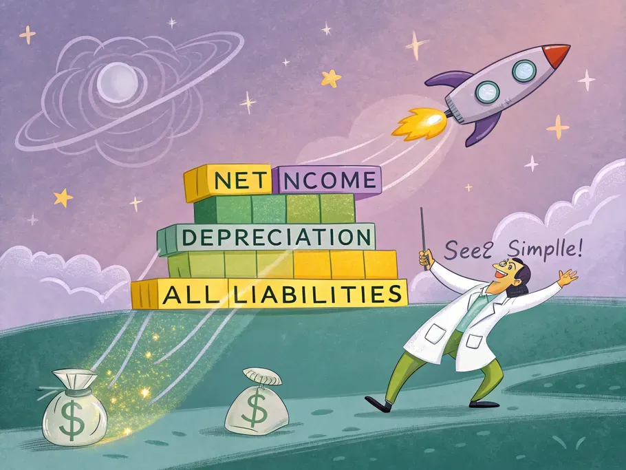 A whimsical illustration featuring the solvency ratio formula with colorful building blocks and a cartoon rocket scientist.