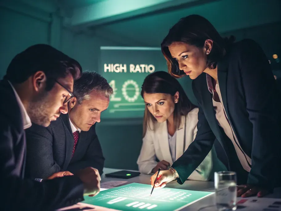 A diverse group of business professionals analyzing holographic financial data at a conference table.