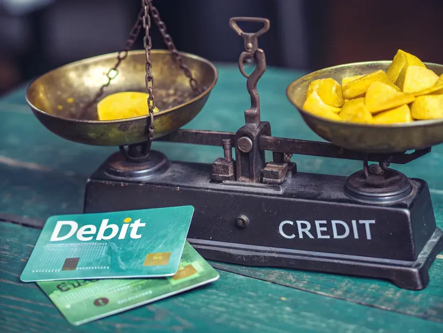An antique accounting scale with 'Debit' and 'Credit' labels, visually representing accounting concepts.