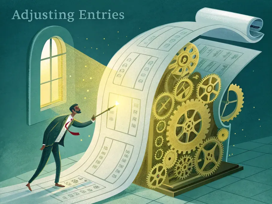 An ornate financial ledger with gears and mechanisms hidden underneath, symbolizing adjusting entries in accounting.
