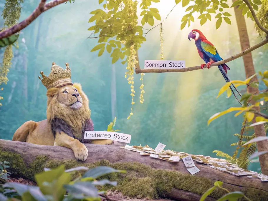 A whimsical scene featuring a crowned lion representing preferred stock and a colorful parrot symbolizing common stock in a lush jungle.