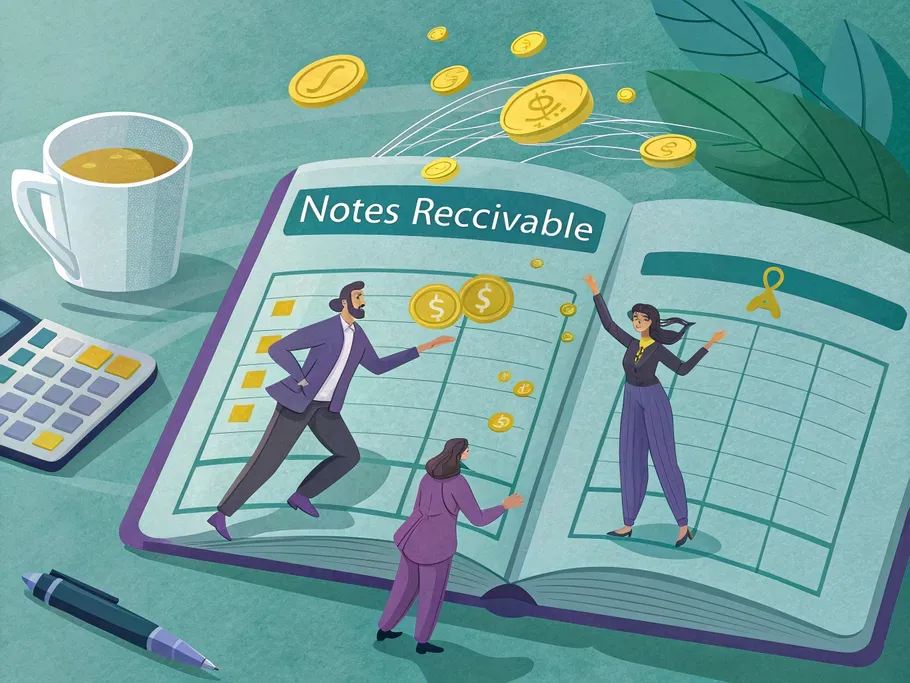 Creative vector illustration of an accounting ledger showcasing 'Notes Receivable' with animated numbers and dollar signs.