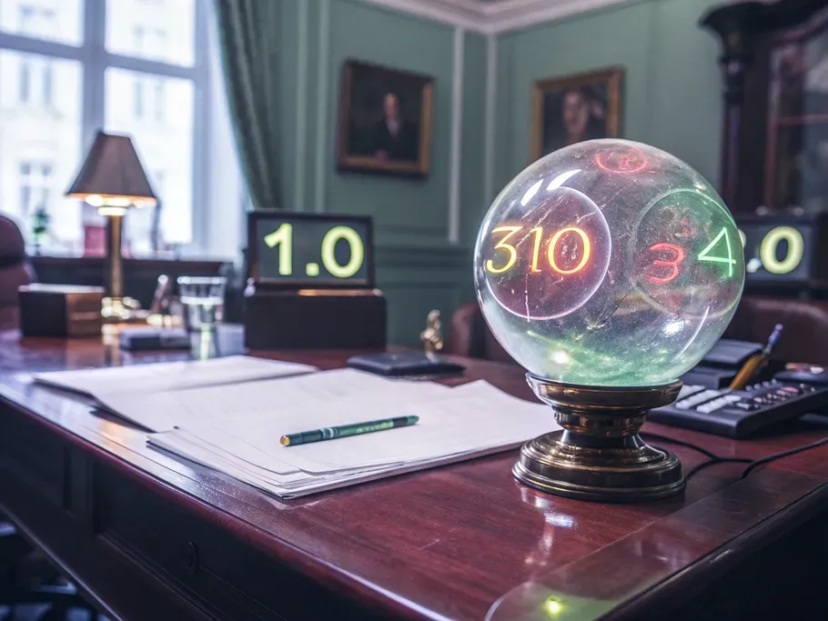 A crystal ball displaying glowing financial metrics in a luxurious office setting.