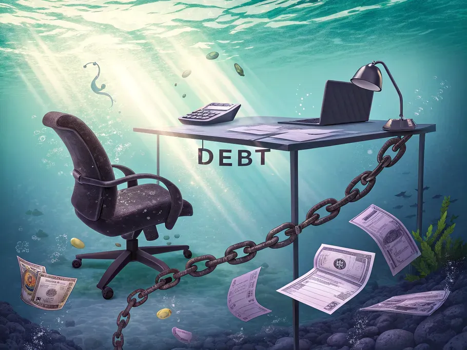 An underwater office scene with a desk and chair, symbolizing financial debt.