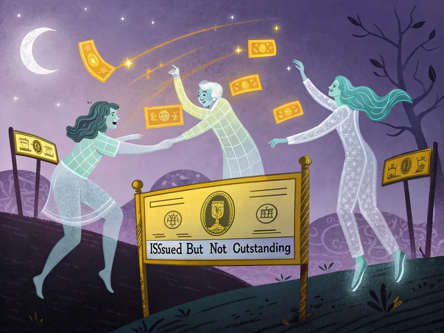 Surreal illustration of ghostly stock certificates dancing under a corporate logo, representing treasury stock.