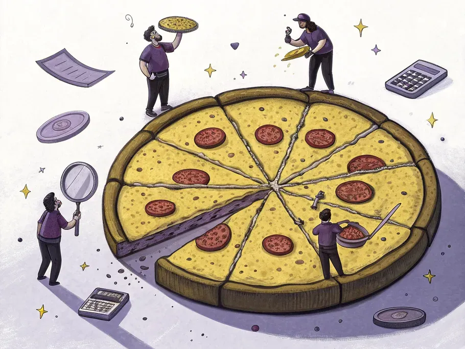 A surreal illustration of a large pizza surrounded by tiny cartoon investors examining it.