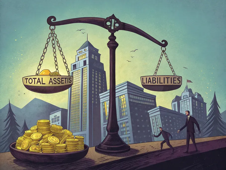 An ancient Roman-style scale depicting total assets versus liabilities, symbolizing financial balance and leverage.