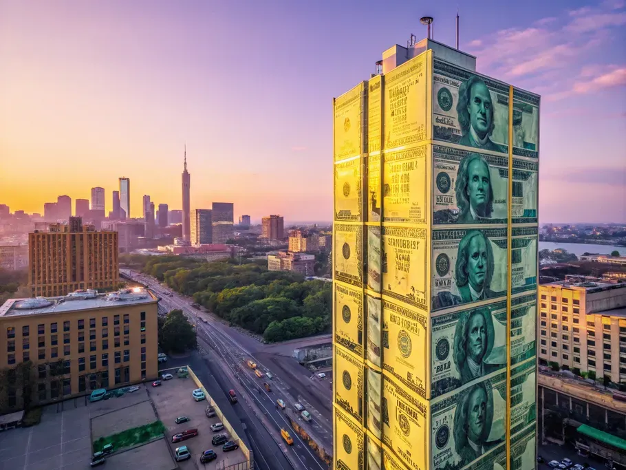 A surreal office building made entirely of hundred-dollar bills, illuminated by warm morning sunlight, symbolizing prepaid rent as an asset.