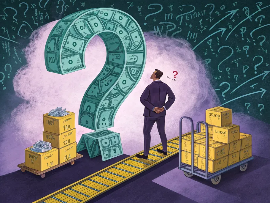 A bewildered executive contemplating a giant question mark made of dollar bills and product boxes, illustrating the complexities of process costing.