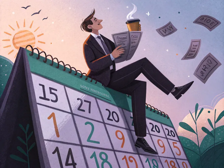 A whimsical illustration of a businessperson sitting on a giant wall calendar, holding concert tickets and a cup of coffee, with flying calendar pages.