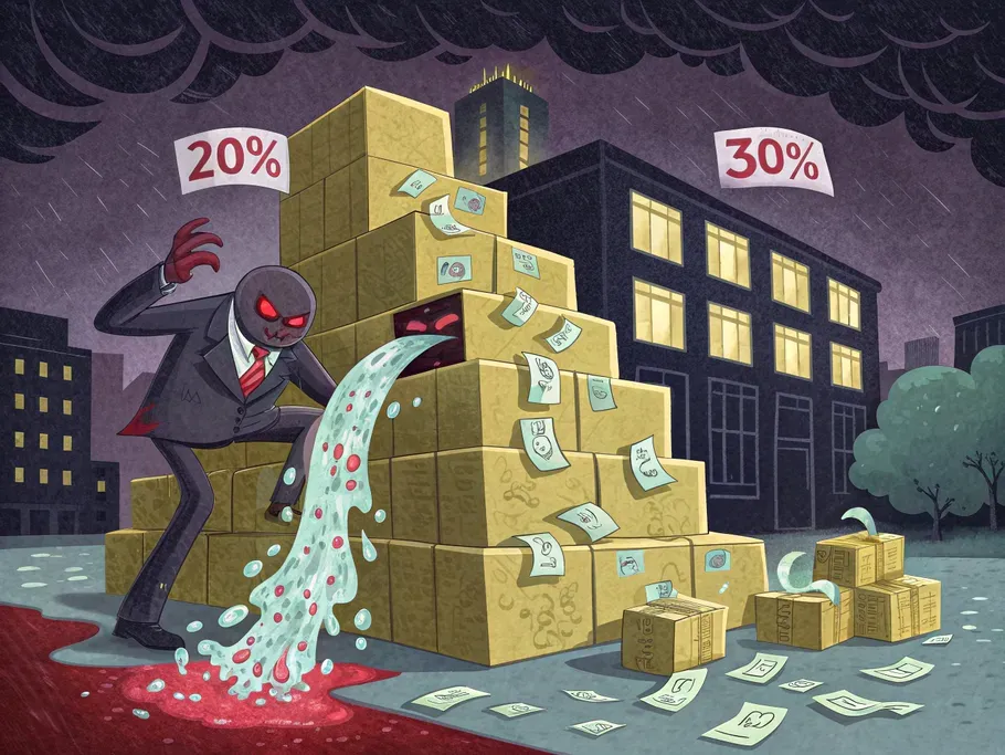 A dark illustration of a cardboard box monster overflowing with dollar bills in a stormy corporate environment.