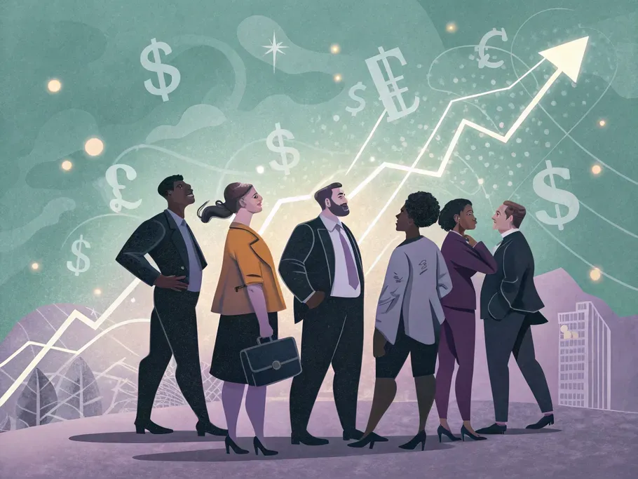 A diverse group of stylized business characters standing together with financial symbols and growth curves in the background.