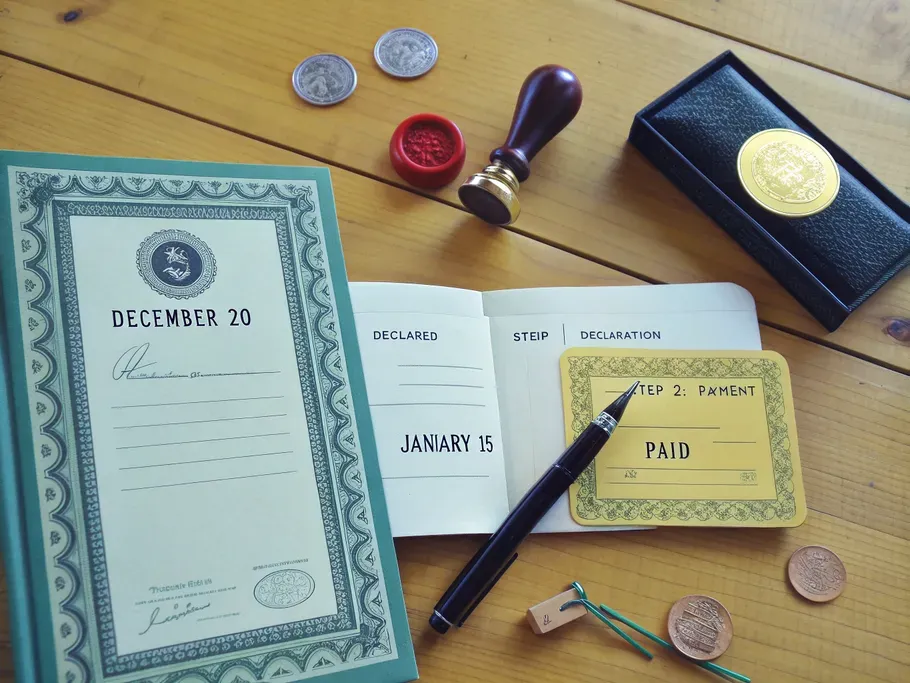 Artistic depiction of the two-step dividend process with a declaration document and checkbook.