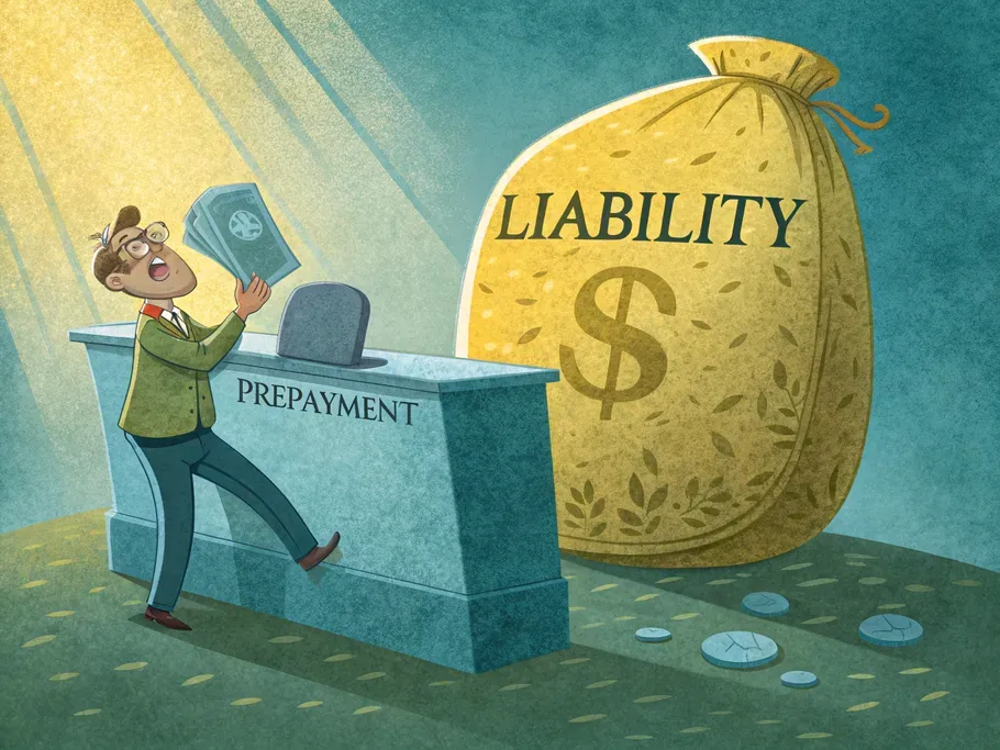 A stylized small business owner struggling to balance a giant sack labeled 'PREPAYMENT' while holding a stone tablet marked 'LIABILITY'.