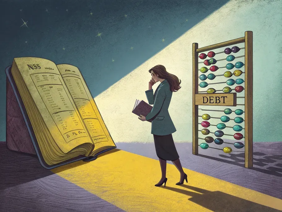 A business owner contemplating between profit and debt, symbolized by an antique ledger and an abacus.