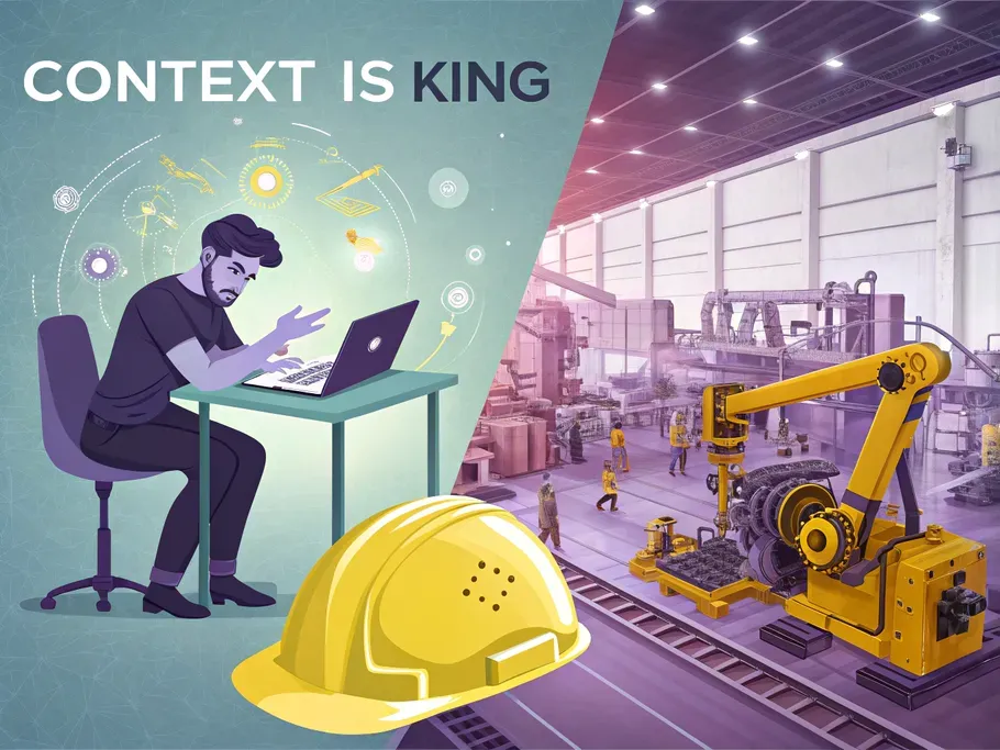 A split-screen illustration contrasting a tech startup office with a young entrepreneur and a traditional manufacturing factory with heavy machinery.
