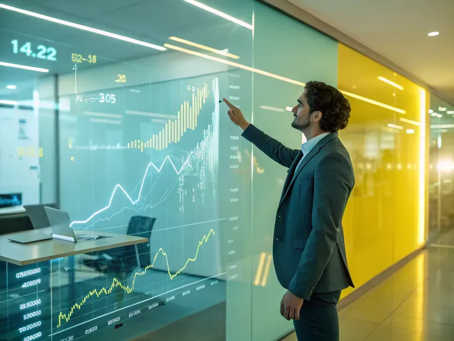 Business executive interacting with a holographic display showing financial data and charts.