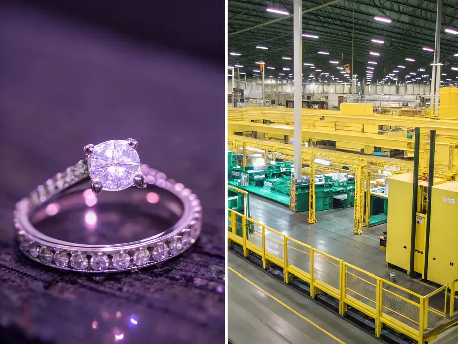 A split visual comparison showing a luxurious jewelry shop interior with a diamond ring and a bright automated fulfillment center.
