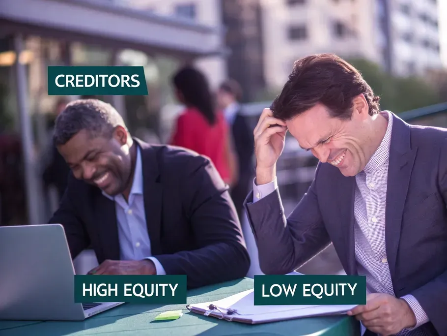 A split-screen image contrasting business owners with high equity and low equity. The left side shows a relaxed owner at a sunlit desk, while the right side features a stressed owner surrounded by creditors.