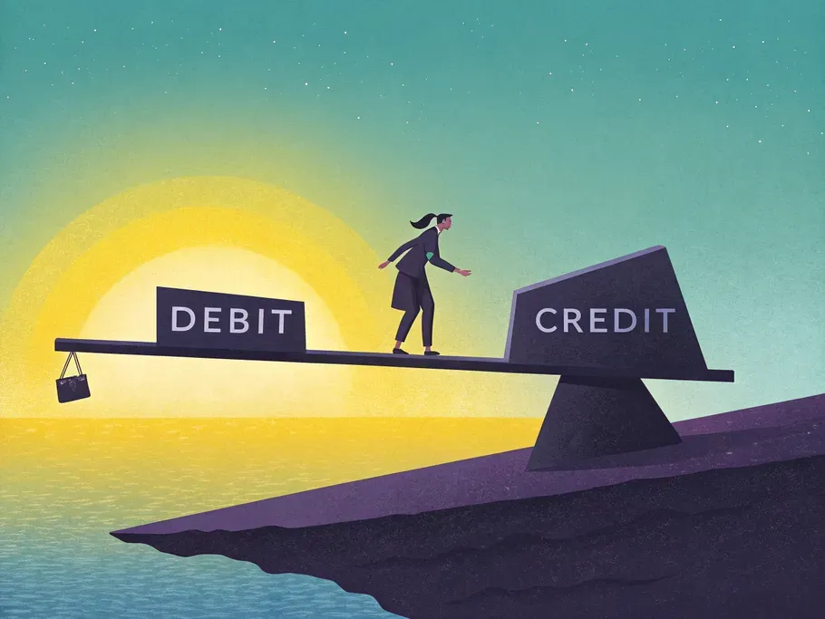 An illustration of a balanced seesaw with 'DEBIT' on one end and 'CREDIT' on the other, symbolizing the equilibrium in double-entry bookkeeping.