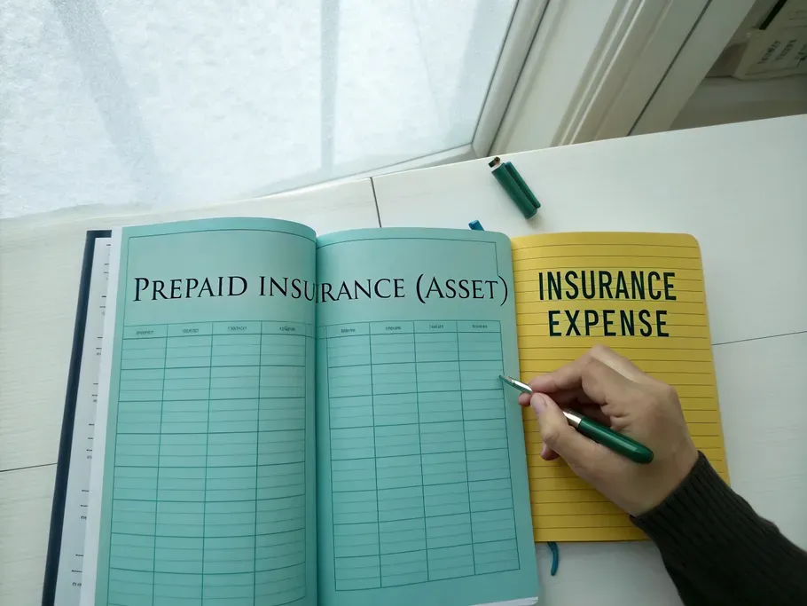 An overhead view of a desk featuring a ledger with 'Prepaid Insurance (Asset)' and 'Insurance Expense' columns, symbolizing financial adjustments in accounting.