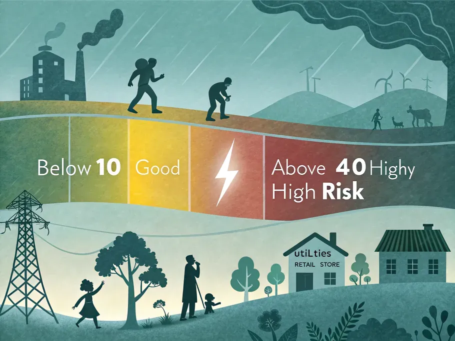 A gradient spectrum depicting debt risk levels, ranging from lush green representing 'Good' to a stark red symbolizing 'High Risk', with industry icons illustrating various debt ratios.