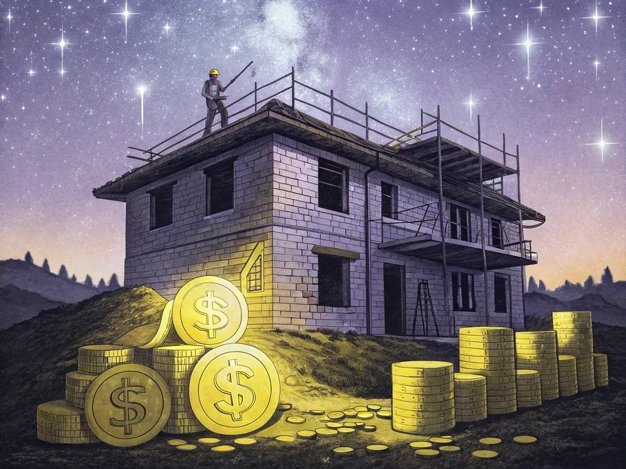 A surreal night scene of a building under construction with a glowing foundation of coins and documents, symbolizing financial growth.