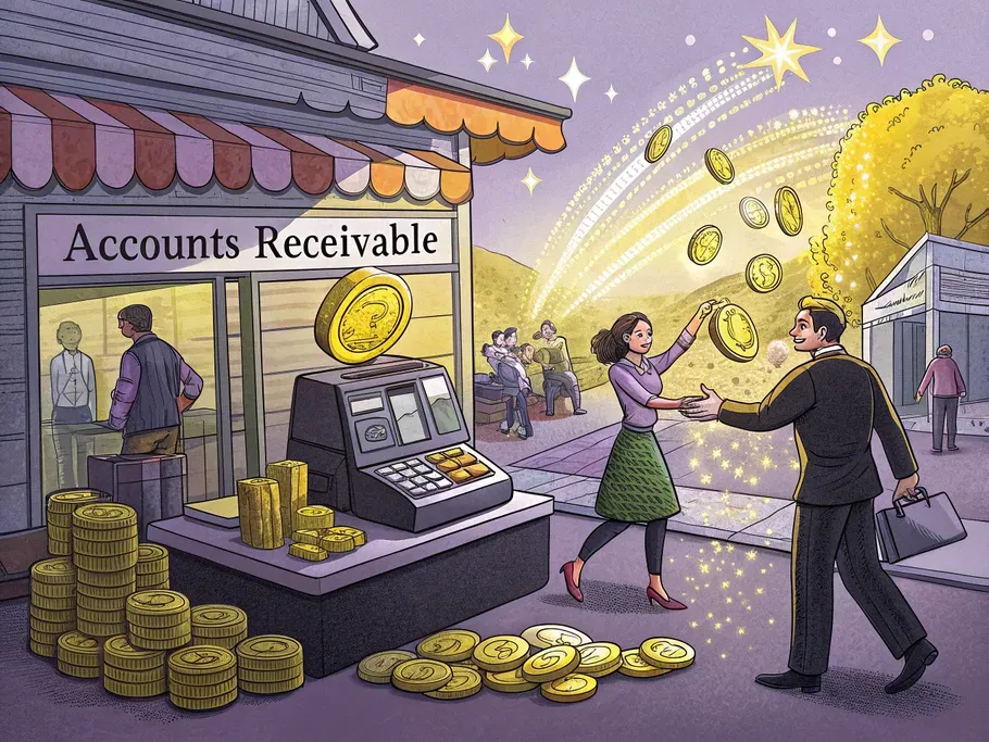 A vibrant marketplace scene illustrating accounting concepts with a cash register, business handshake, delivery truck, and ledger pages.