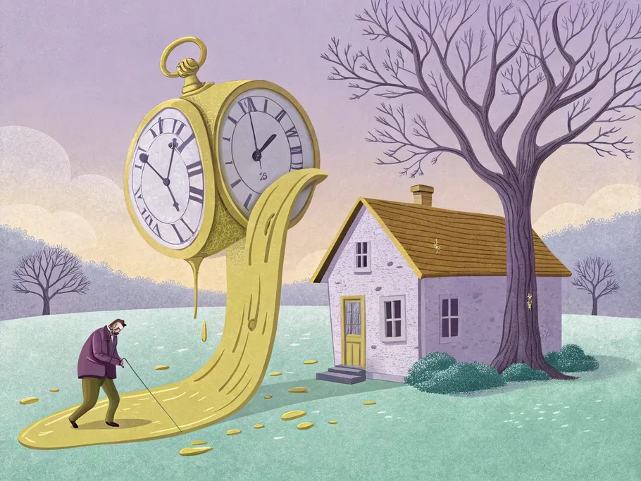 A surreal scene featuring a melting clock draped over a small rental property, symbolizing the urgency of bonus depreciation.