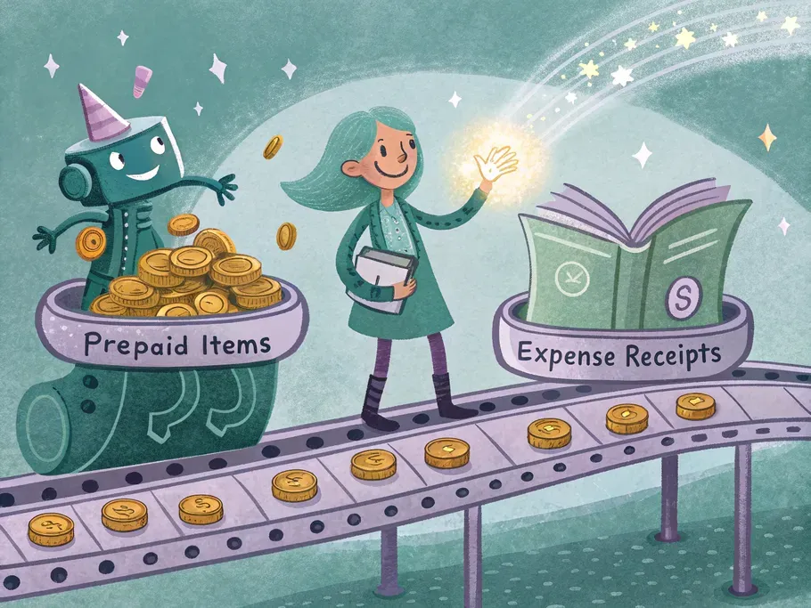 A playful illustration of an accountant converting prepaid items into expense receipts using a magical conveyor belt.
