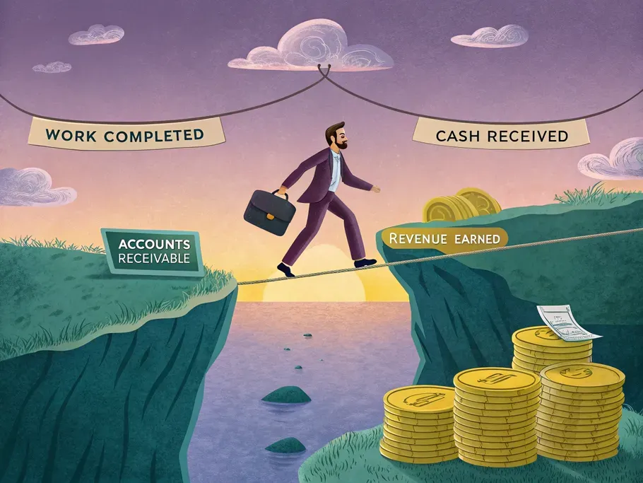 A confident businessperson walking on a tightrope made of golden coins between two cliffs labeled 'WORK COMPLETED' and 'CASH RECEIVED', symbolizing the balance of revenue recognition in accounting.