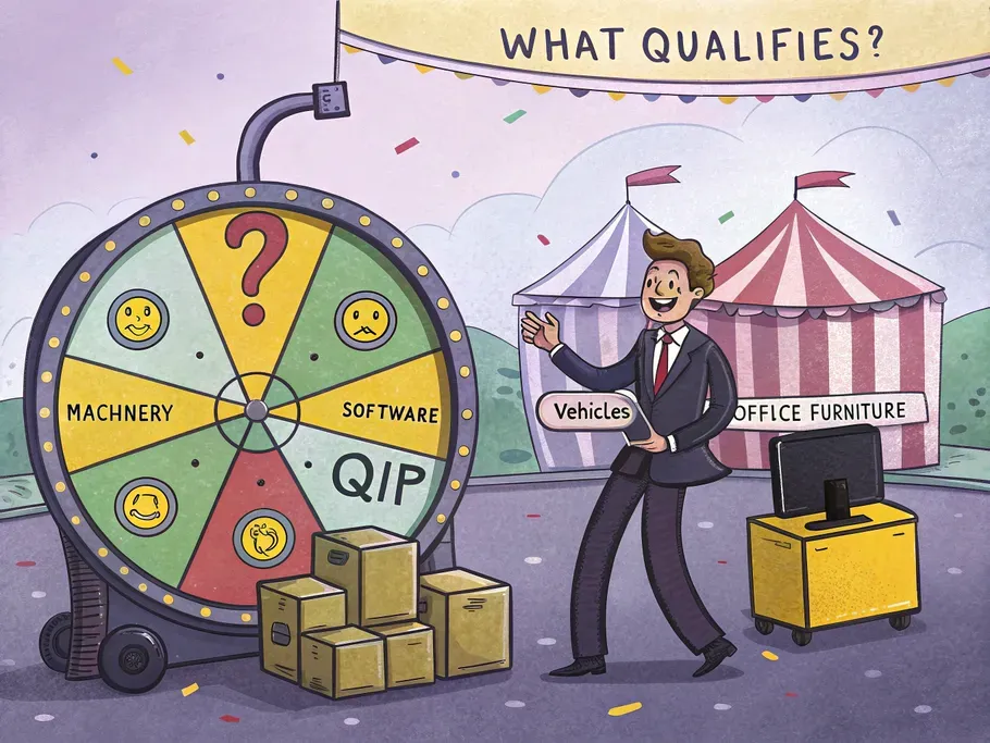 A colorful spinning wheel labeled with different asset categories next to a cheerful business person, symbolizing tax qualification.