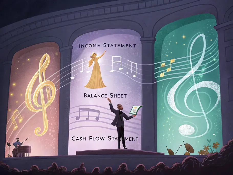 A silhouette of a conductor standing before glowing sheets of music representing financial statements.