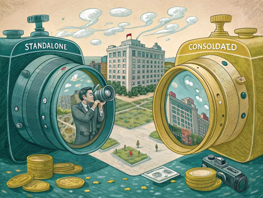An artistic illustration of two vintage camera lenses labeled STANDALONE and CONSOLIDATED, showcasing a company building and a network of buildings, surrounded by mathematical symbols.