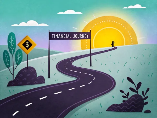 Illustration of a winding road leading to a sunrise with a financial journey sign, symbolizing the path to financial stability and growth.
