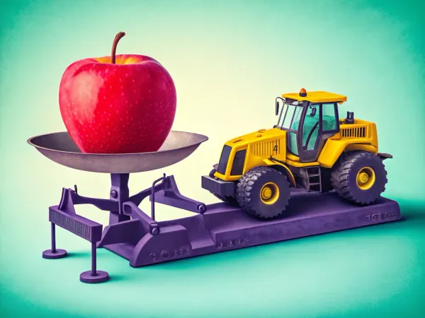 A red apple balanced against a yellow bulldozer on a scale, representing asset utilization efficiency
