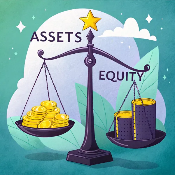 Illustration of a businessman balancing on a scale weighted with gold coins above a skyscraper, symbolizing financial leverage