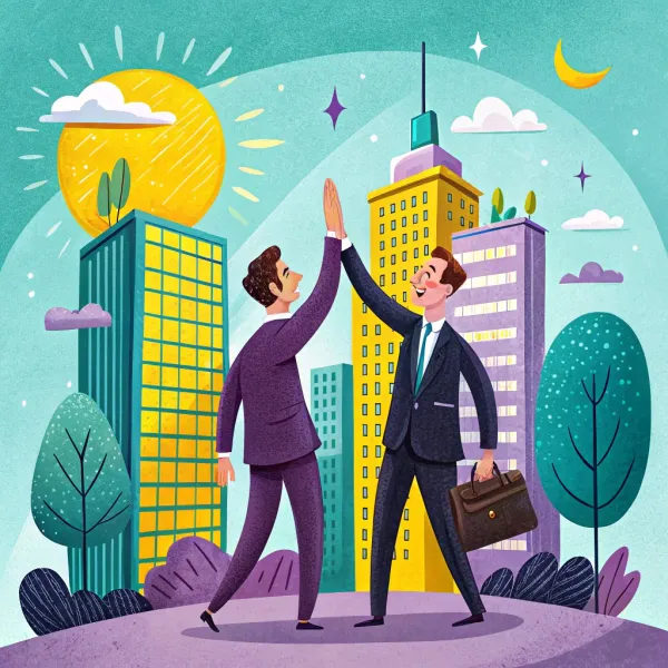 Two businessmen high-fiving in a vibrant cityscape with sun and moon illustrating day and night