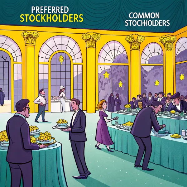 Illustration of two separate groups labeled Preferred Stockholders and Common Stockholders in a grand banquet hall