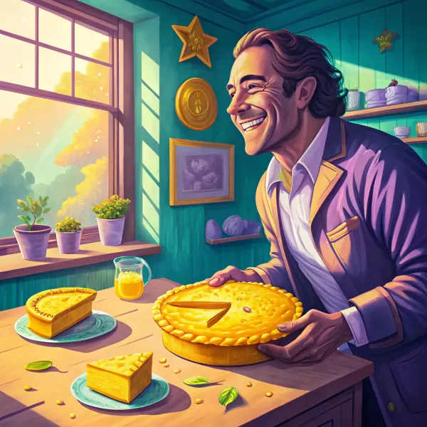 Happy businessman presenting a freshly baked pie in a vibrant kitchen setting, symbolizing dividend distribution