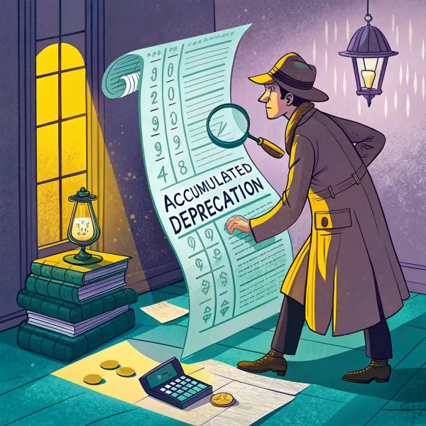 Illustration of a detective examining a scroll labeled Accumulated Depreciation with a magnifying glass
