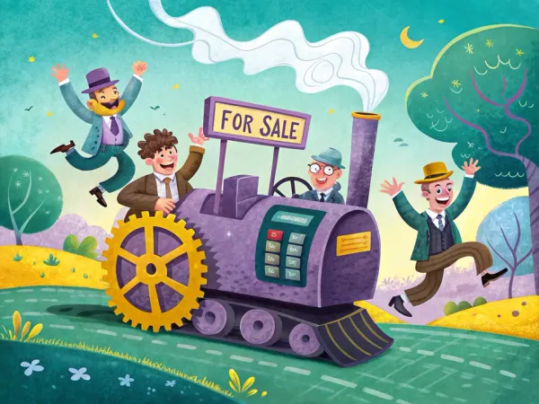 Illustration of jubilant businessmen around a vintage calculating machine labeled 'For Sale', representing the gain on asset sale