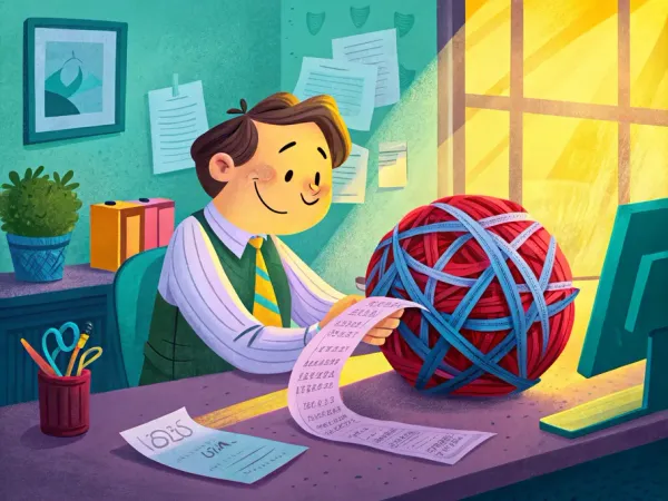 Illustration of an accountant organizing a large tangled ball of receipts at a desk