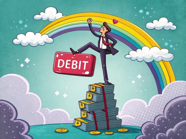 Illustration of a businessman triumphantly standing on a pile of cash reaching for a 'DEBIT' sign, with a rainbow in the background
