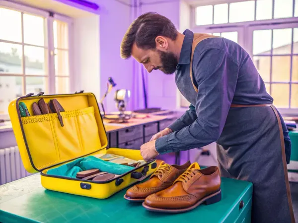 Craftsman inspecting quality and crafting bespoke shoes in a workshop